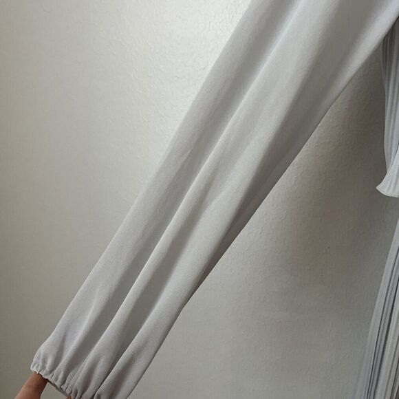 60s silver pleat‎ womens dress midi blouson chiffon long sleeve disco retro M - Picture 5 of 9